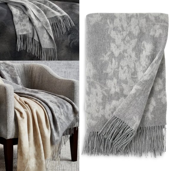 MICHAEL ARAM Orchid Fringe THROW Grey 100% Wool Floral 50 x 70 NEW $250 - Picture 1 of 10